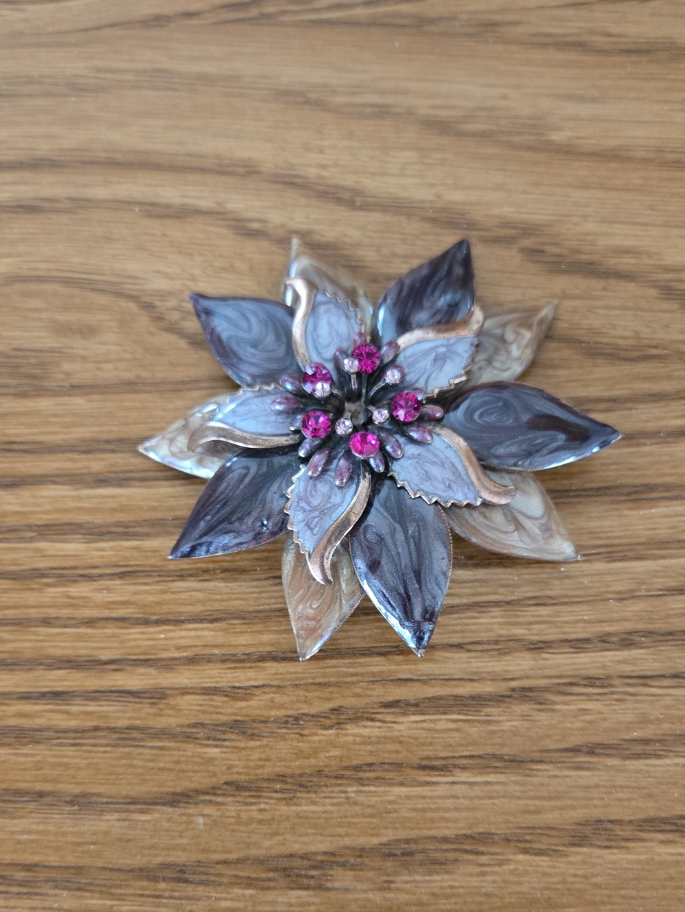 Floral Multi-Tone Enamel Brooch with Pink Crystal Accents